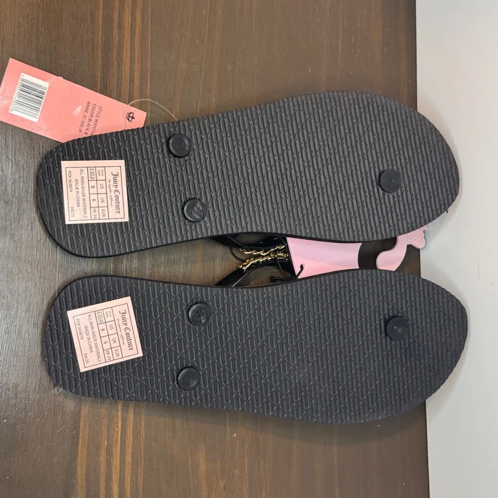 Juicy Couture JC-Solja Flip Flop Sandal Gold Chain Charm Rhinestone Black 8 New